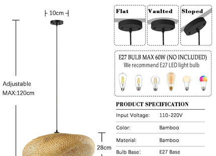 Schindora Bamboo Pendant Light – 40cm Woven Lampshade, E27 Ceiling Fit