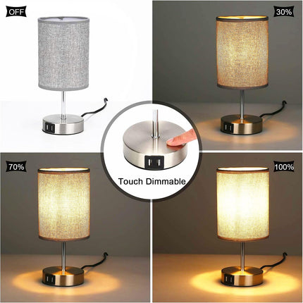 Lightess 2x Touch Bedside Lamps Grey, USB, Dimmable, E14 Bulbs Included – Round