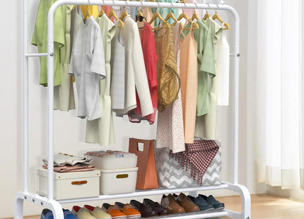 LOEFME 2-Tier Clothes Rail – Double Metal Garment Rack, White
