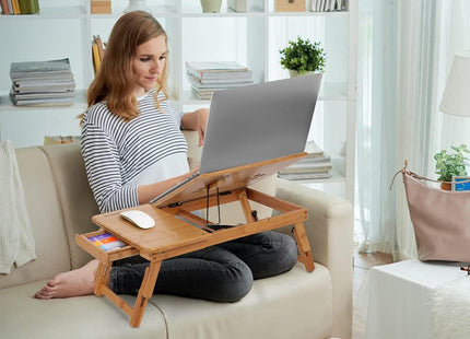 Bamboo Laptop Desk Adjustable Bed Tray with Drawer Cup Slot and Vent Ejoyous