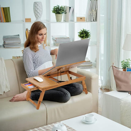 Bamboo Laptop Desk Adjustable Bed Tray with Drawer Cup Slot and Vent Ejoyous