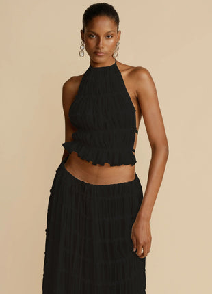 2pcs Women's Dress Suit Sexy Sleeveless Backless Cropped Halter Top And Pleated Long Skirt Beach Clothing