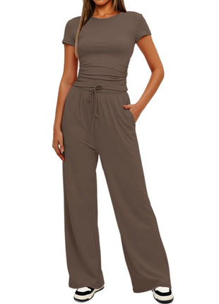 2pcs Solid Color Casual Sports Yoga Suit Short-sleeved Top And High-waisted Drawstring Wide-leg Pants Summer Fashion Set For Womens Clothing
