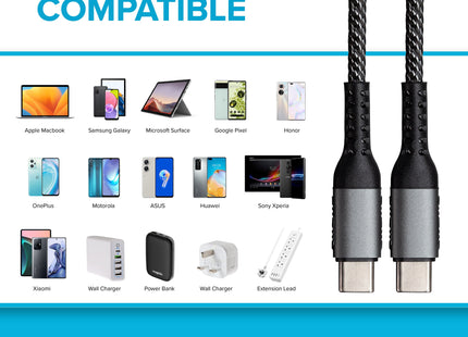 Maplin USB-C to USB-C 60W PD Braided Cable - Silver