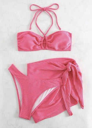 3pcs Solid Color Stripe Swimsuit Sexy Summer Beach Bikini Set Womens Clothing