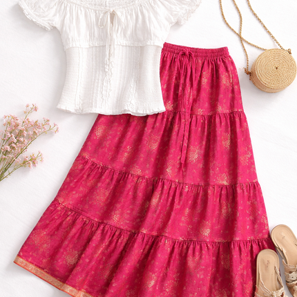 Blackfever Elegant Pink Printed Tiered Skirt – Free Size