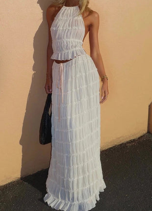 2pcs Women's Dress Suit Sexy Sleeveless Backless Cropped Halter Top And Pleated Long Skirt Beach Clothing