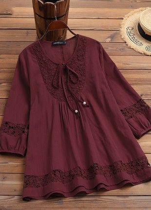 Cotton And Linen Stitching Lace 34 Sleeve Loose Women's Top T-shirt