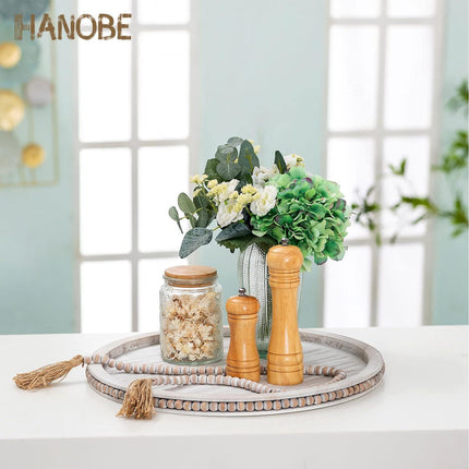 Round Decorative Wooden Tray 18 Inch Beaded Table Centerpiece HANOBE
