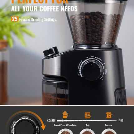 Coffee Grinder Burr Electric 25 Grind Settings with Digital Timer Black Shardor