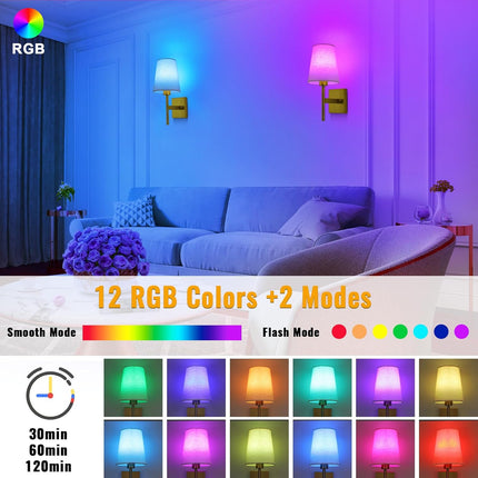 Lightsjoy 2x Rechargeable RGB Wall Lights – Gold Cordless Sconces with Remote