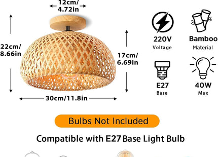 Bamboo Ceiling Light Rattan Semi Flush Mount Boho Farmhouse Lamp Schindora