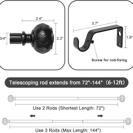 2pcs SZXIMU Curtain Pole 182-365cm (72-144''), Extendable, Netted Finials, Black