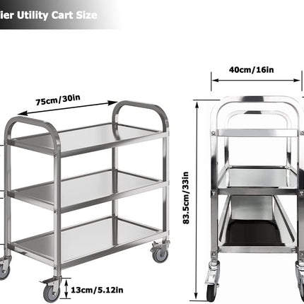 3 Tier Catering Trolley Stainless Steel with Locking Wheels 75x40x83cm Nisorpa
