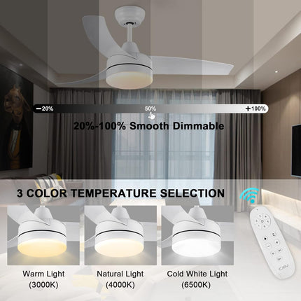 CJOY 42" White Ceiling Fan with Light, Remote, Quiet DC Motor, 6 Speeds, Dimmable