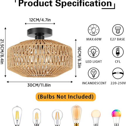 Schindora Boho Rattan Ceiling Light – E27 Rustic Braided Lamp Shade