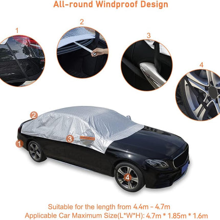 Waterproof Half Car Cover, UV & Windproof, Universal Fit for Sedan, 185''