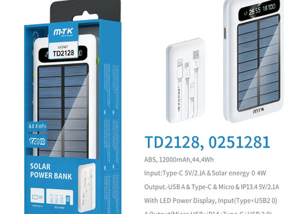 12000mAh Power Bank with Solar Panel Micro USB, iPhone, Type-C, and USB With LED