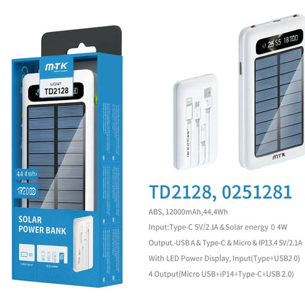 12000mAh Power Bank with Solar Panel Micro USB, iPhone, Type-C, and USB With LED