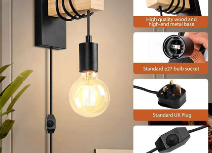 Lightess 2-Pack Plug-In Wall Lights – Dimmable Wood Sconces with Switch Black