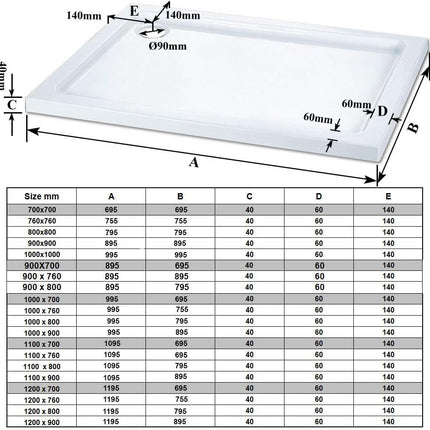 ELEGANT 760 x 760 x 40 mm Square Stone Shower Enclosure Tray + Waste Trap