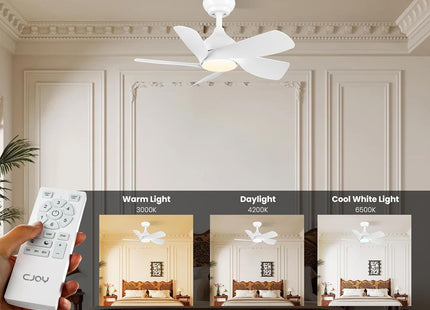 CJOY 30" White Ceiling Fan with Light, Quiet DC Motor, 5 Blades, 6 Speeds, White