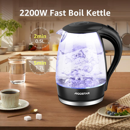 Glass Electric Kettle 1.7L 2200W Fast Boil LED Light Black Aigostar