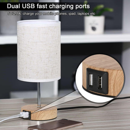 Lightess 2x Touch Bedside Lamps with USB, E14 Bulbs, Fabric Shade – Wood Round