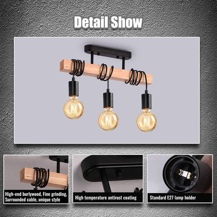 Lightess 3-Head Black Wood Pendant Light – Vintage Semi Flush Ceiling Fixture