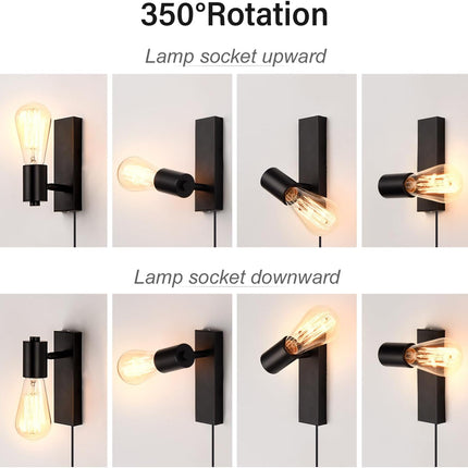 Lightsjoy 2-Pack Plug-In Wall Lights – Rotatable Black Industrial Sconces E27