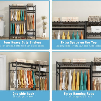 Clothes Rack Heavy Duty 3 Rods 4 Shelves Adjustable Metal Organizer KZOBYD
