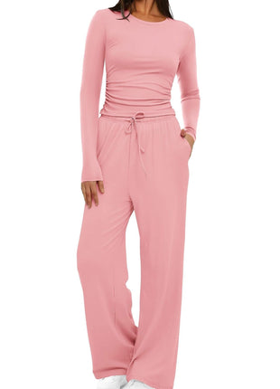 2 Pieces Women's Suit Autumn Winte Long Sleeve Tops High Waisted Wide Leg Pants Sportswear Female Clothes Solid Color Casual Suit