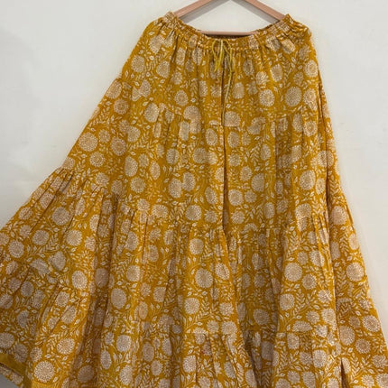 Blackfever Mustard Yellow Floral Tiered Cotton Maxi Skirt – Free Size