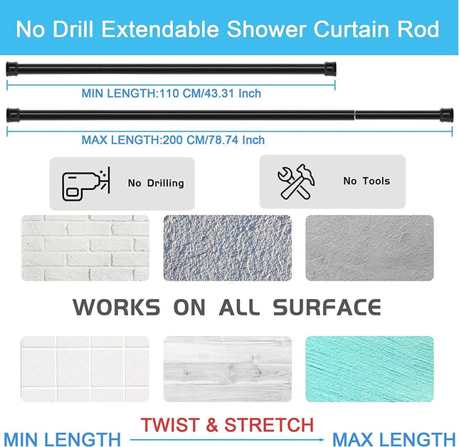 Shower Curtain Rod Extendable No Screws 2PCS 50-80cm Window Doorway