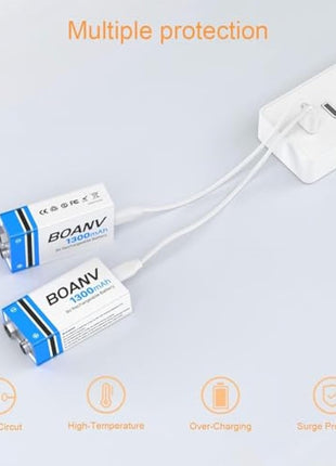 6 Pack 9V Rechargeable Batteries 1300mAh, 9V Rechargeable USB Lithium Long Lasting Battery, with 2 in 1 Charging Cable, for Smoke Detectors, Alarms, Keypad, Microphone
