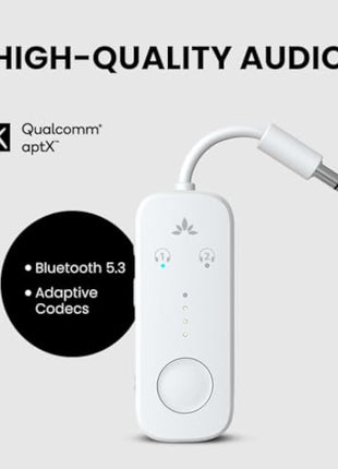 Avantree Relay - Airplane Bluetooth 5.3 Adapter with Qualcomm aptX Adaptive, Supports 2 AirPods or Headphones, 20H Playtime, 3.5mm AUX Jack Wireless Audio Transmitter for Planes, Airline, Travel