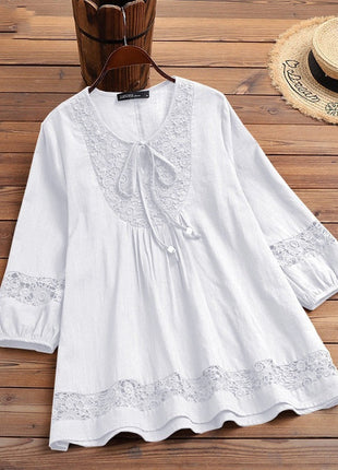 Cotton And Linen Stitching Lace 34 Sleeve Loose Women's Top T-shirt