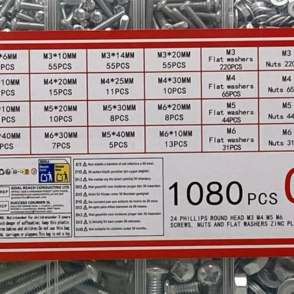 1080 Piece Metric Screws Nuts and Washers Assortment Kit M3 M4 M5 M6 Zinc Plated
