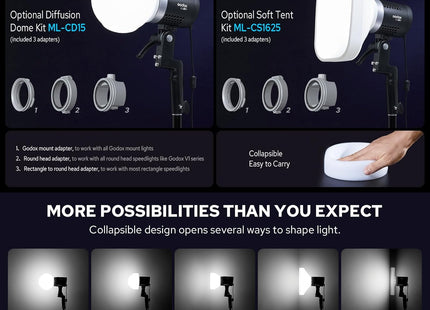 Godox ML30Bi 40W Bi-Color LED Video Light 2800-6500K FX Effects APP & Silent Mode