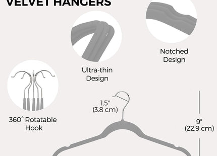 HOUSE DAY 60-Pack Grey Velvet Hangers, Non-Slip, Space-Saving, 360° Rotating