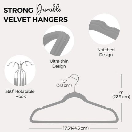 HOUSE DAY 60-Pack Grey Velvet Hangers, Non-Slip, Space-Saving, 360° Rotating