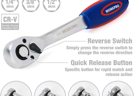 WORKPRO 172-Piece Cr-V Socket Set – 1/2", 3/8", 1/4" Drive, Ratchets & More