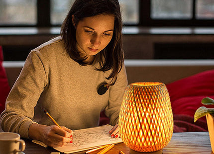 Schindora Boho Bamboo Table Lamp – Handmade Wicker Bedside Light
