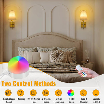 Lightsjoy 2x Rechargeable RGB Wall Lights – Gold Cordless Sconces with Remote