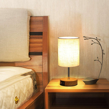Lightess 2x Touch Bedside Lamps with USB, E14 Bulbs, Fabric Shade – Wood Round