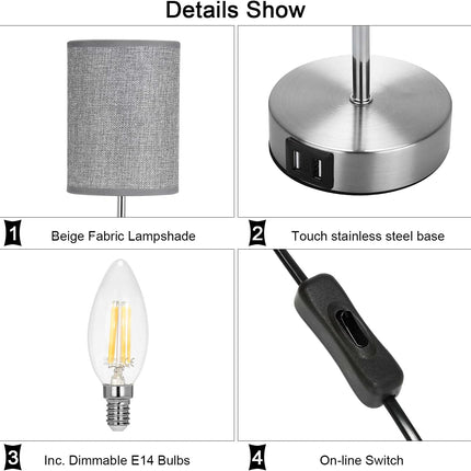 Lightess 2x Touch Bedside Lamps Grey, USB, Dimmable, E14 Bulbs Included – Round