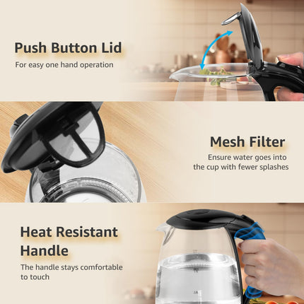 Glass Electric Kettle 1.7L 2200W Fast Boil LED Light Black Aigostar