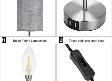 Lightess 2x Touch Bedside Lamps Grey, USB, Dimmable, E14 Bulbs Included