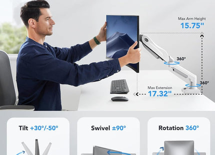 Single Monitor Arm 13 to 32 Inch Adjustable White Desk Mount VESA HUANUO