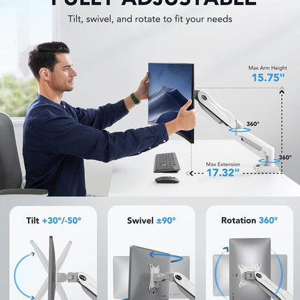 Single Monitor Arm 13 to 32 Inch Adjustable White Desk Mount VESA HUANUO